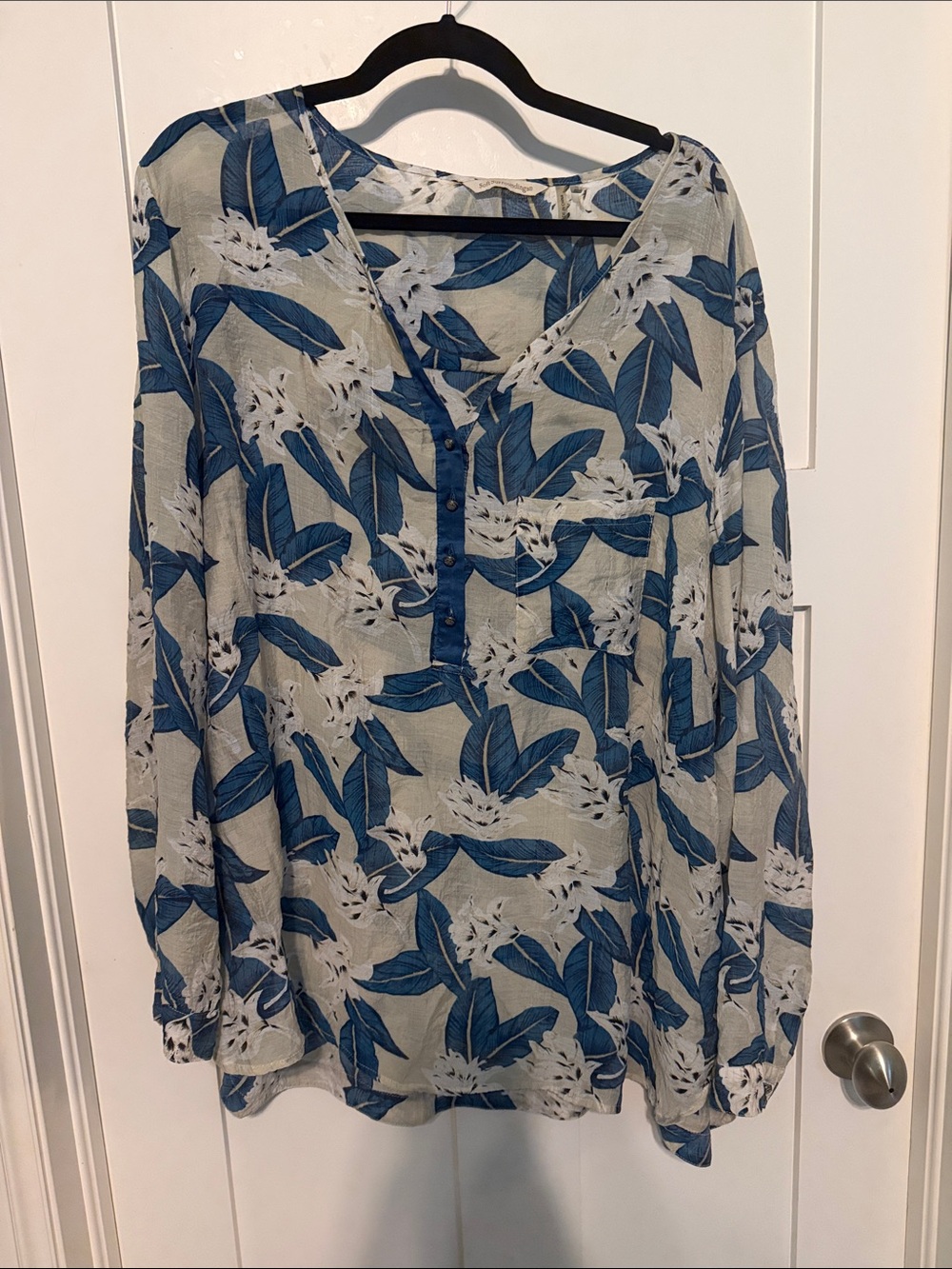 Soft Surroundings Blue Tropical Leaf-Print V-Neck Bohemian Tunic Plus Size 3X